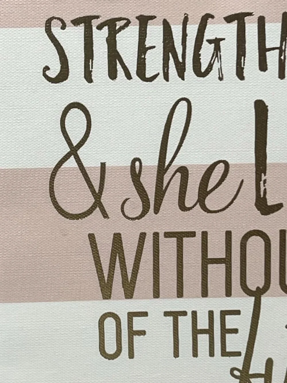 Proverbs 31:25 Bible Verse Wood Hanging Canvas Pink White Stripe Wall Art Decor